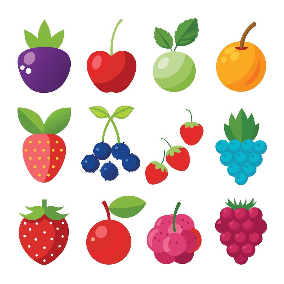 Various fruits and berries on a white background vector