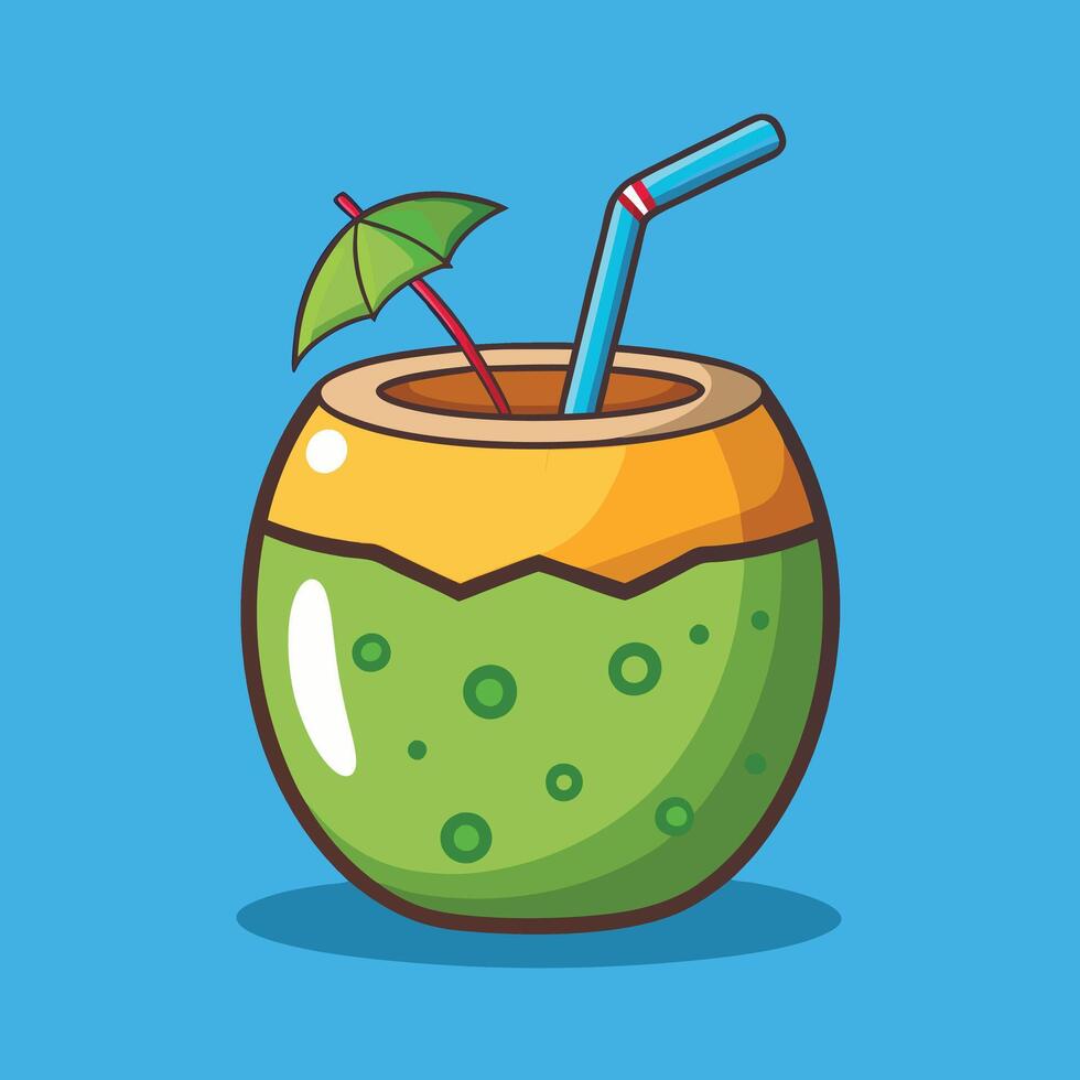 Coconut drink with umbrella and straw on blue background vector