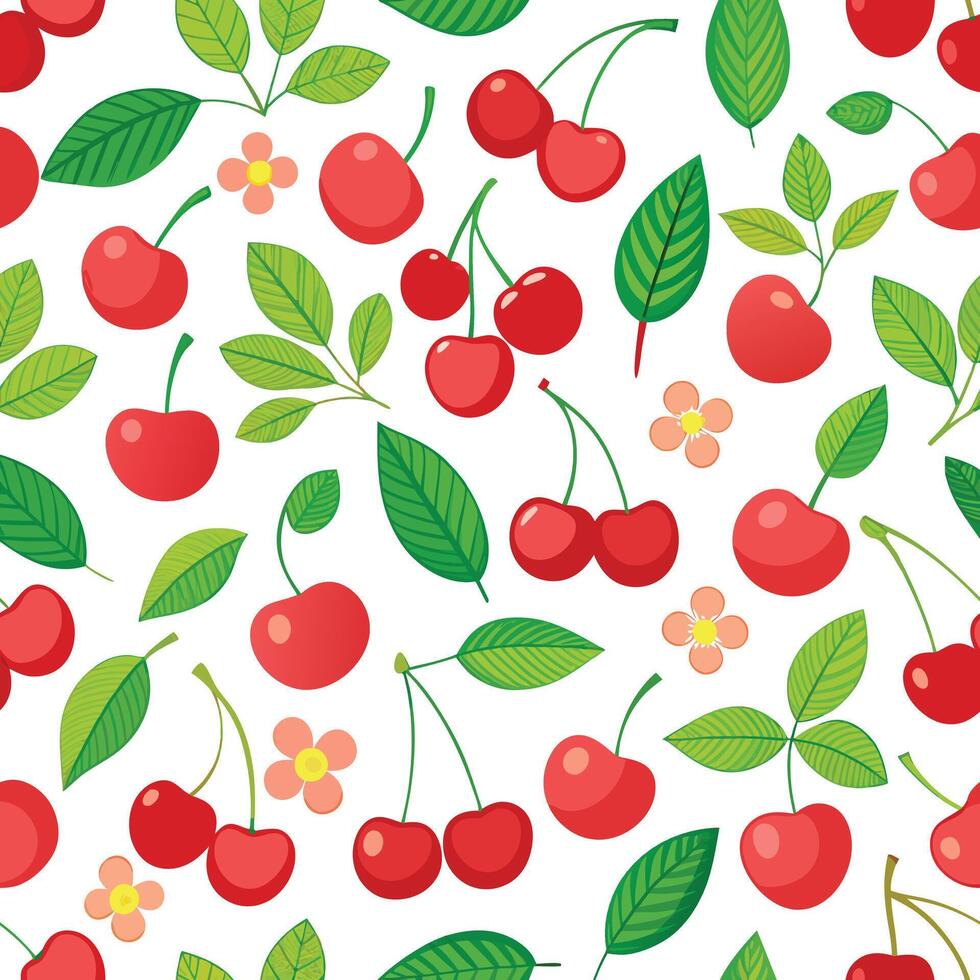 Cherry seamless pattern with cherries and leaves vector