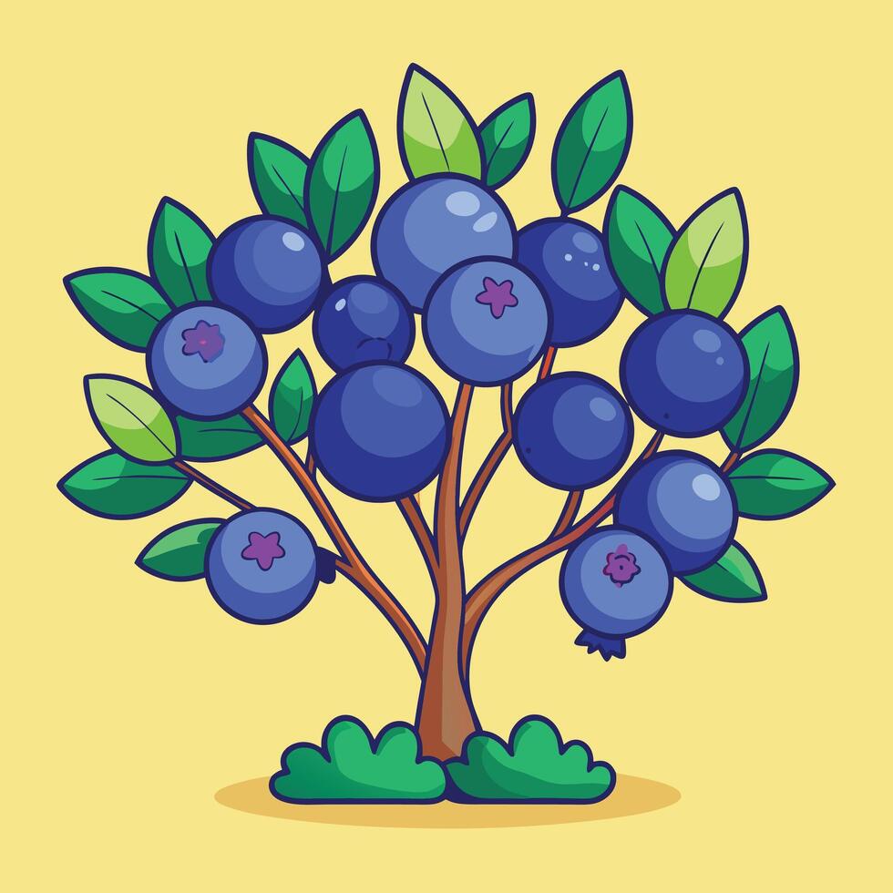 Blueberry tree with berries on a yellow background vector