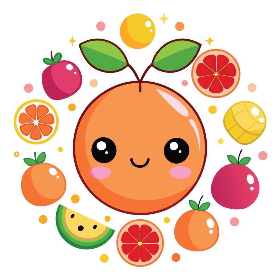 An orange surrounded by fruit and vegetables vector