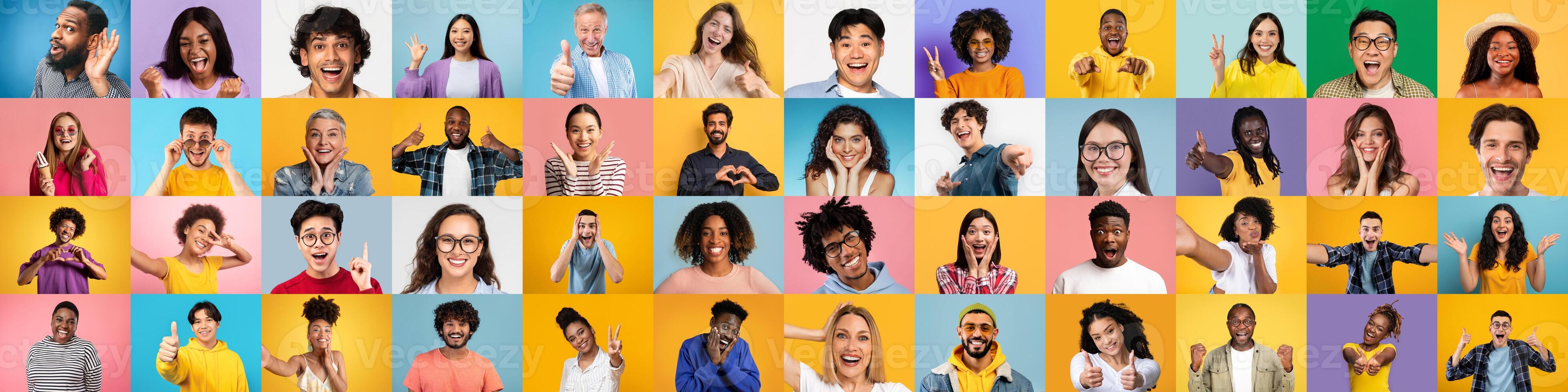 Featuring a variety of multiracial, multiethnic people, this international-style collage captures happy, expressive faces from around the world photo