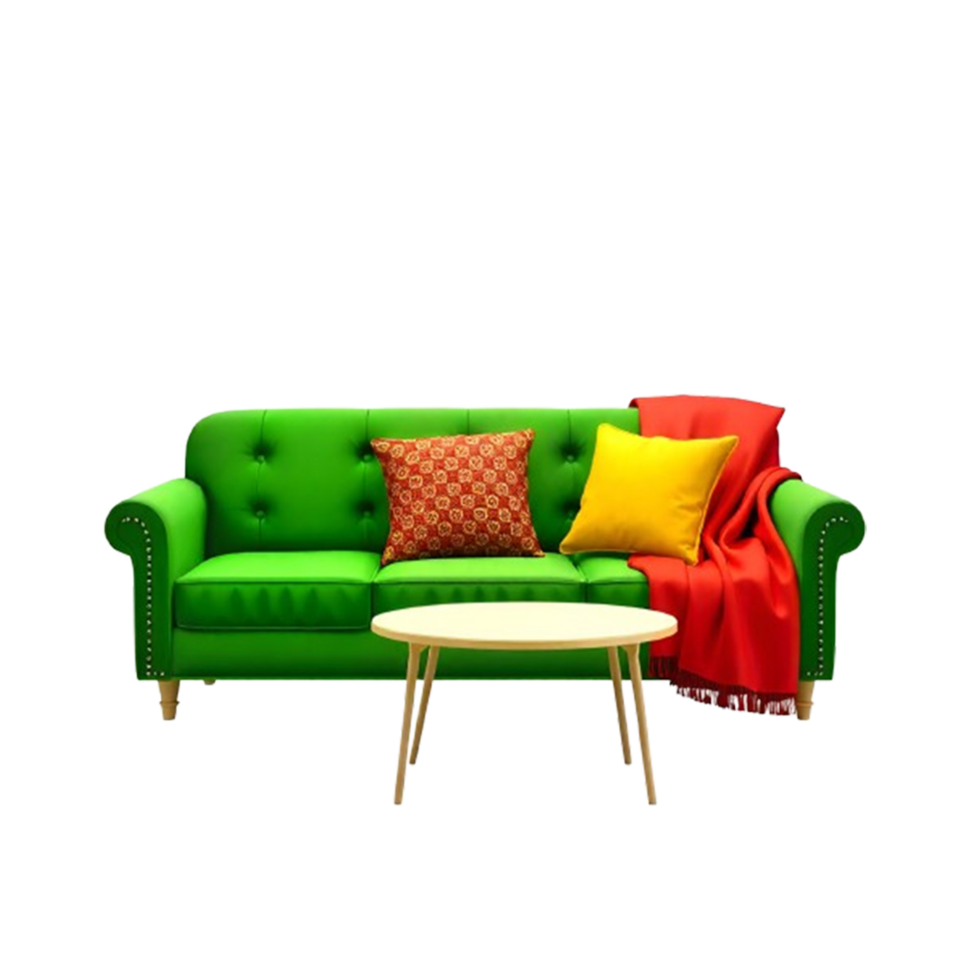 A vibrant green sofa featuring plush pillows, alongside a chic coffee table, creating an inviting atmosphere png