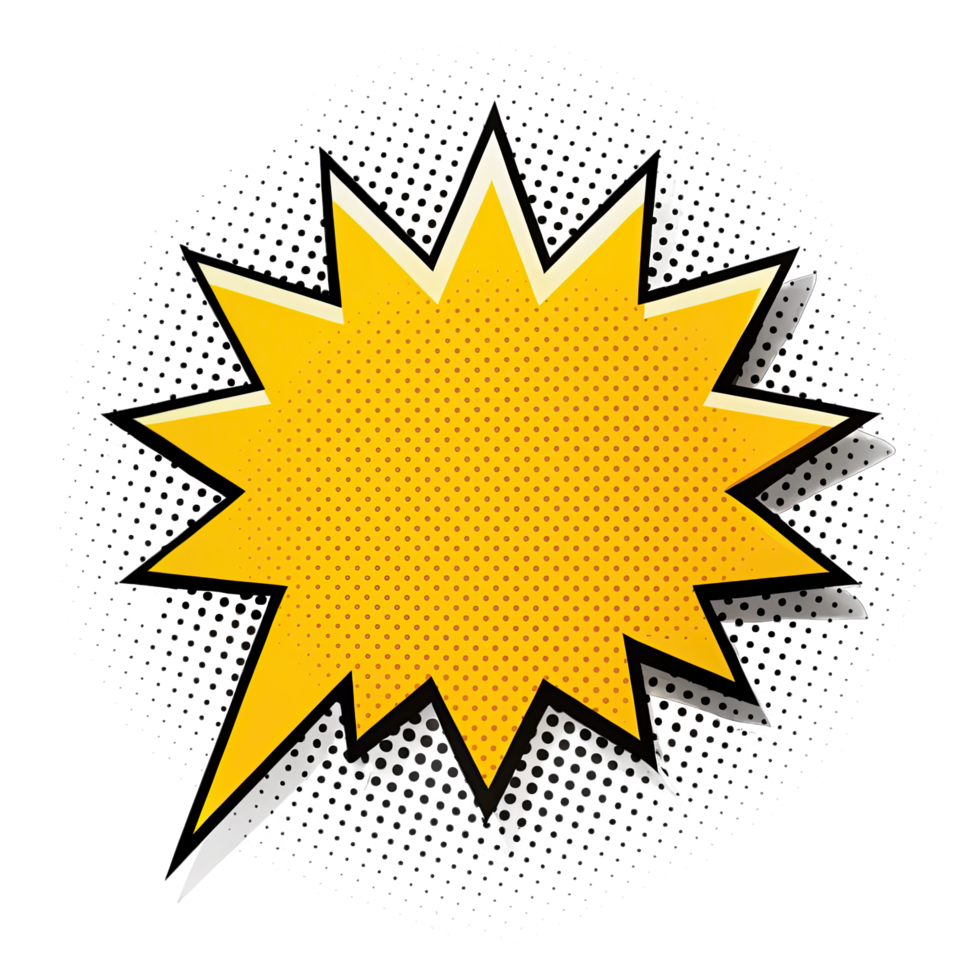 Isolated yellow comic book style speech bubble with black outline and dotted background. png