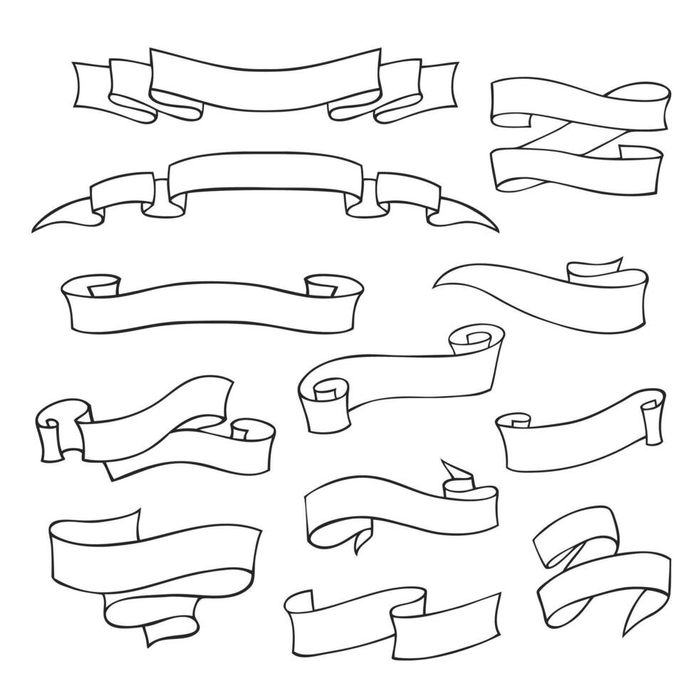Hand drawn ribbon banners in various shapes and designs. Decorative elements vector
