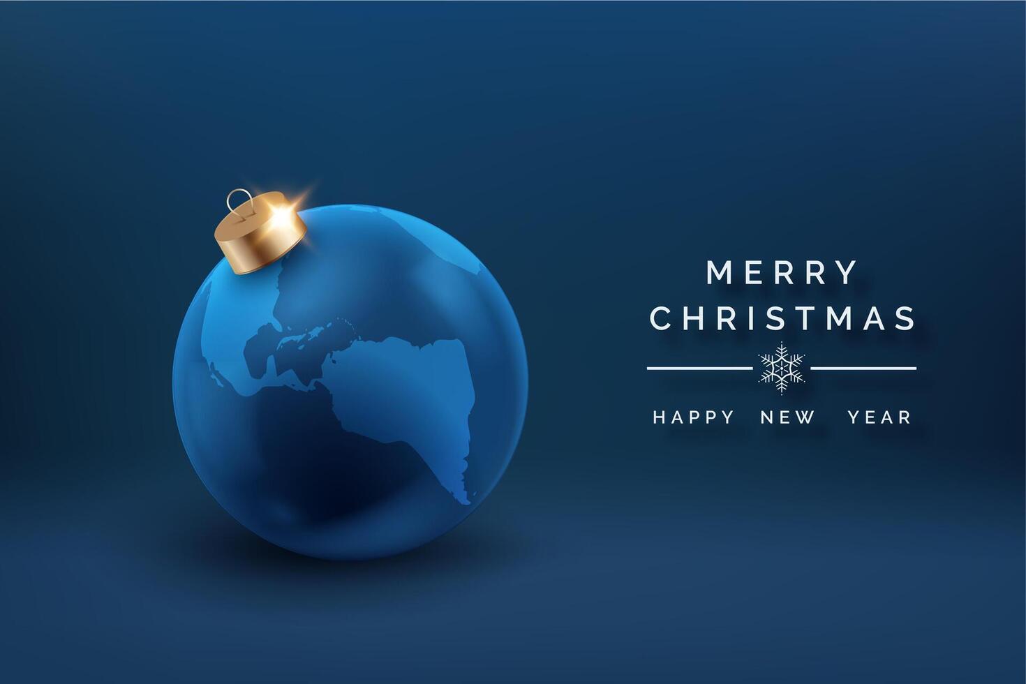Blue globe Christmas ornament with a Merry Christmas and Happy New Year greeting. Global holiday celebration vector