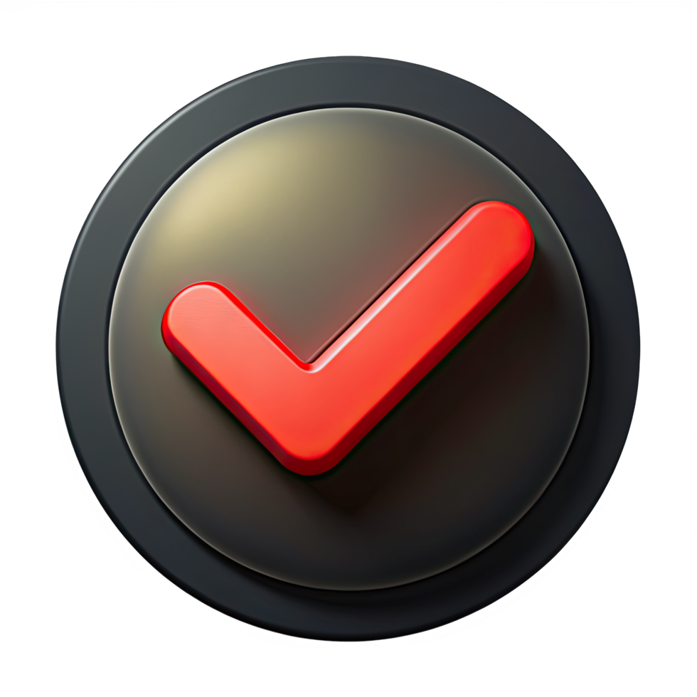 A 3D rendering of a red check mark icon within a black circle. The check mark is a simple, iconic symbol of completion and success. png