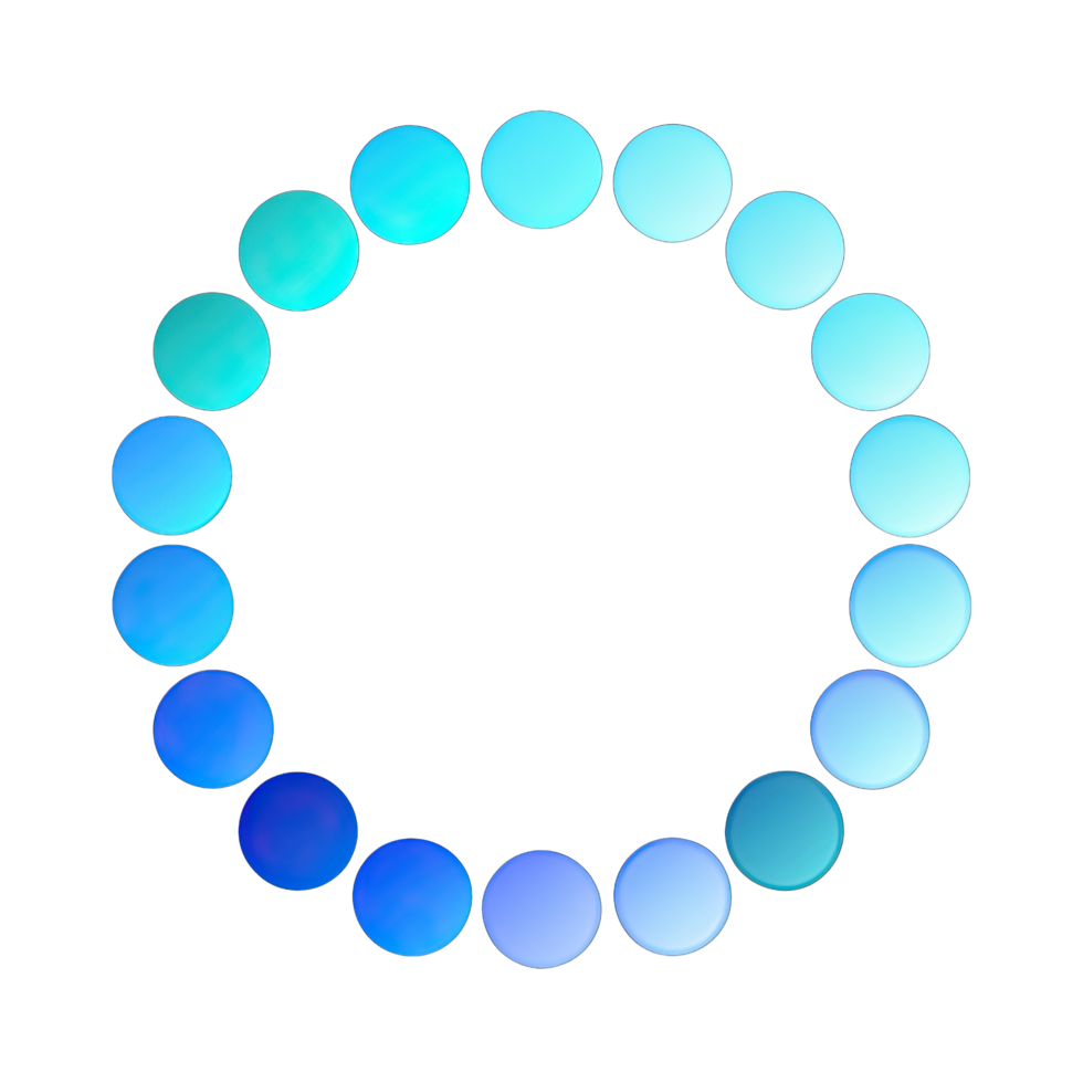 A circular design featuring 20 blue circles arranged in a gradient, from a lighter turquoise to a darker blue. The circles are spaced evenly, creating a visually appealing loading indicator design. png