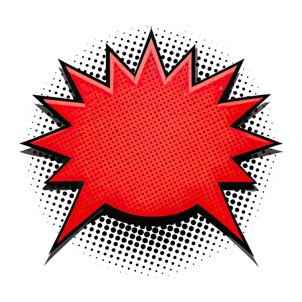 Red comic book style speech bubble with a starburst shape and halftone pattern. png