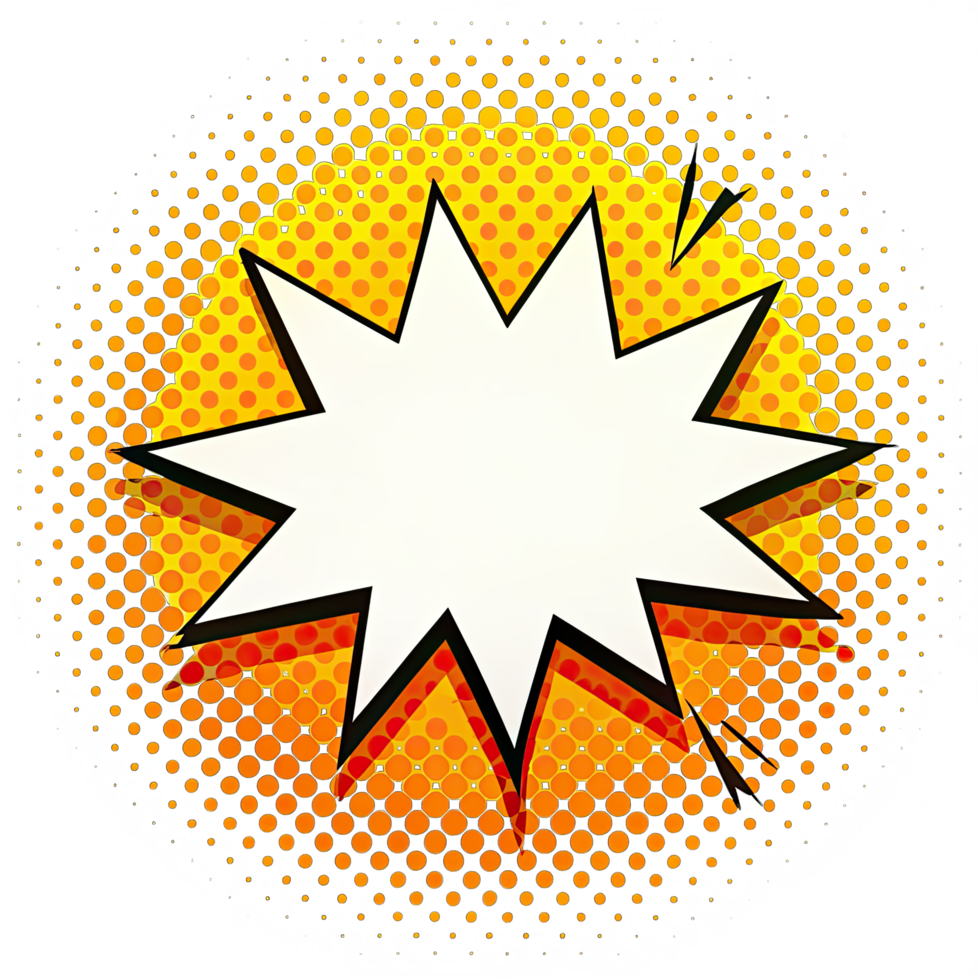 A white comic book speech bubble with a star-shaped border, on an orange dotted background. png