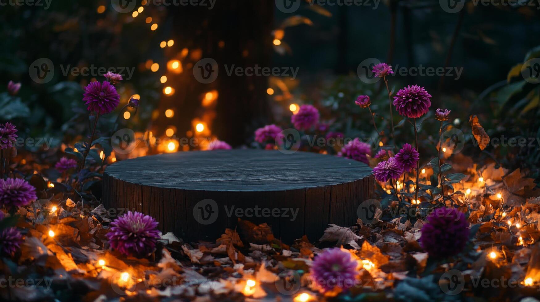 A wooden stump sits in the middle of a garden. The stump is surrounded by purple flowers and string lights. There are leaves on the ground around the stump photo