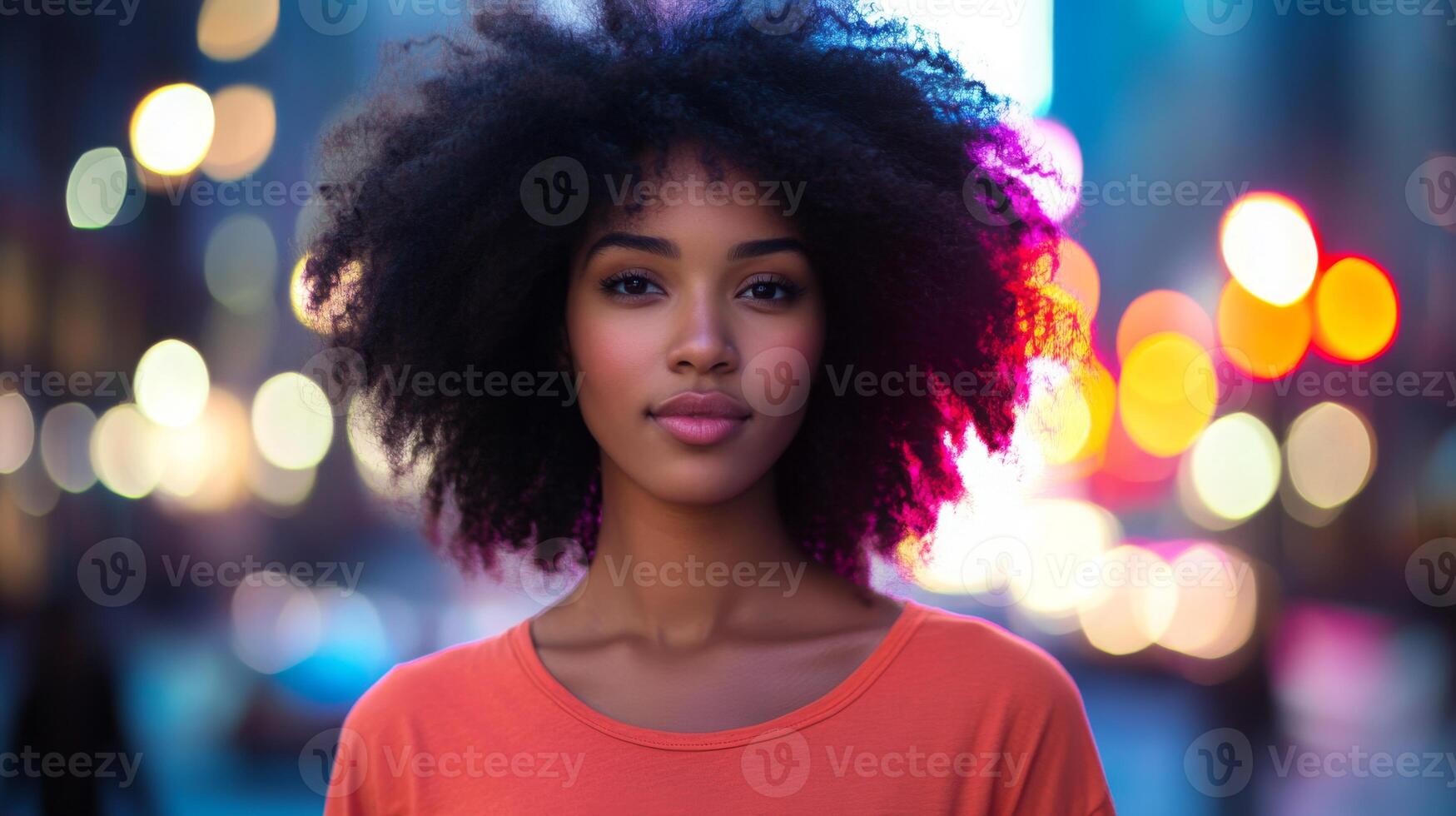A young black woman with curly hair stands confidently in a bustling urban setting at dusk. The background features vibrant city lights that create a lively atmosphere, highlighting her beauty. photo