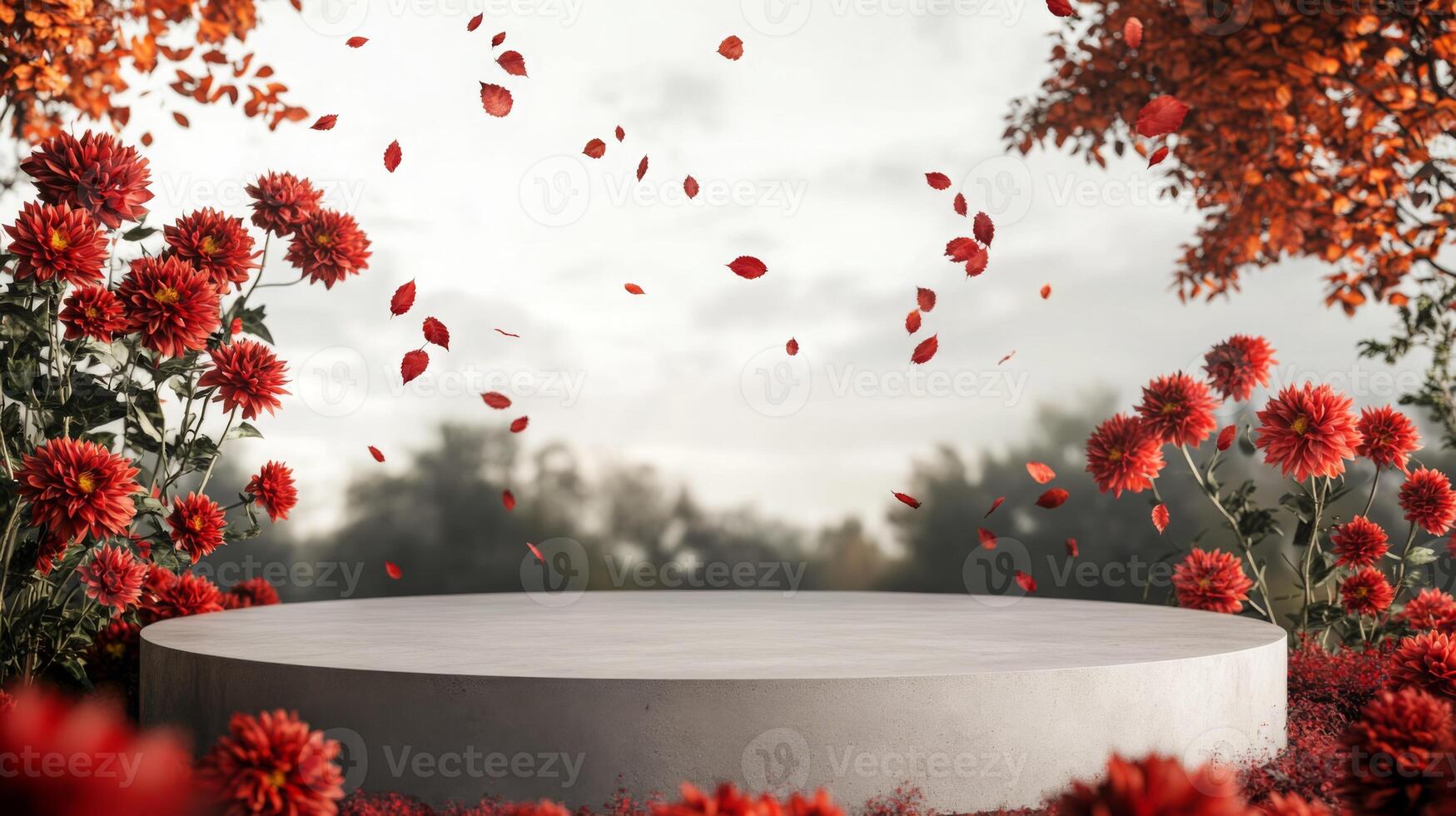 A circular platform is elegantly set amidst lush red flowers, with colorful leaves gently falling all around. The setting is outdoor and atmospheric, with a moody sky hinting at an impending change. photo