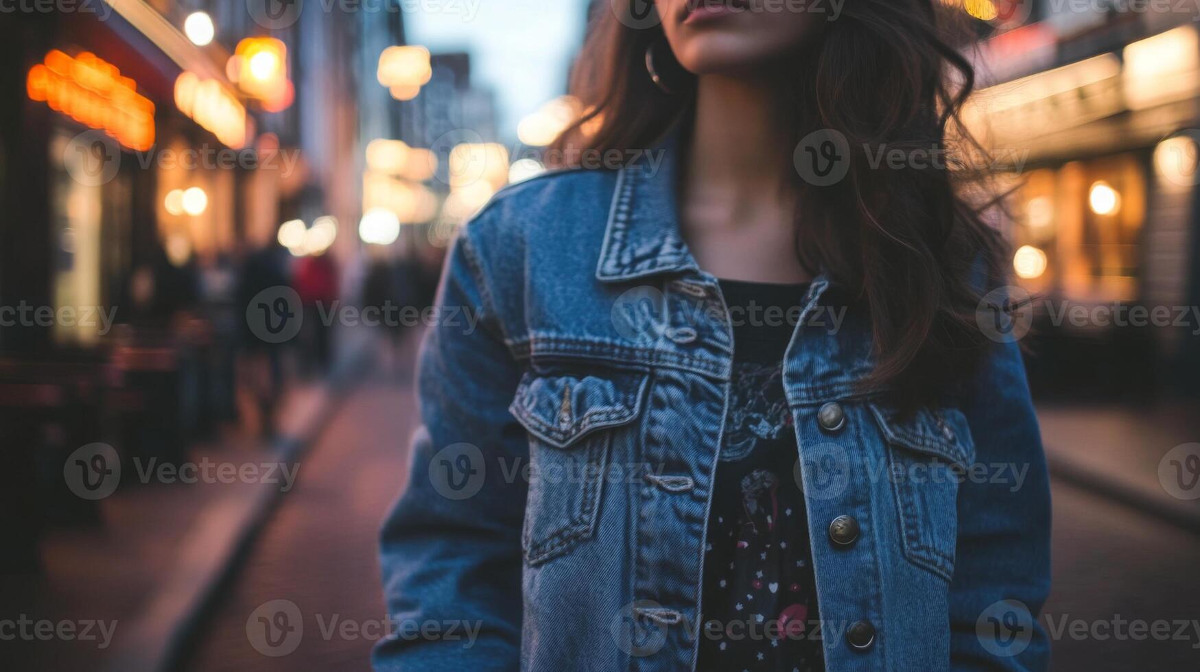 A young woman wearing a denim jacket strolls through a lively city street during twilight. Surrounding lights create a warm atmosphere as people walk by, adding to the vibrant urban scene. photo