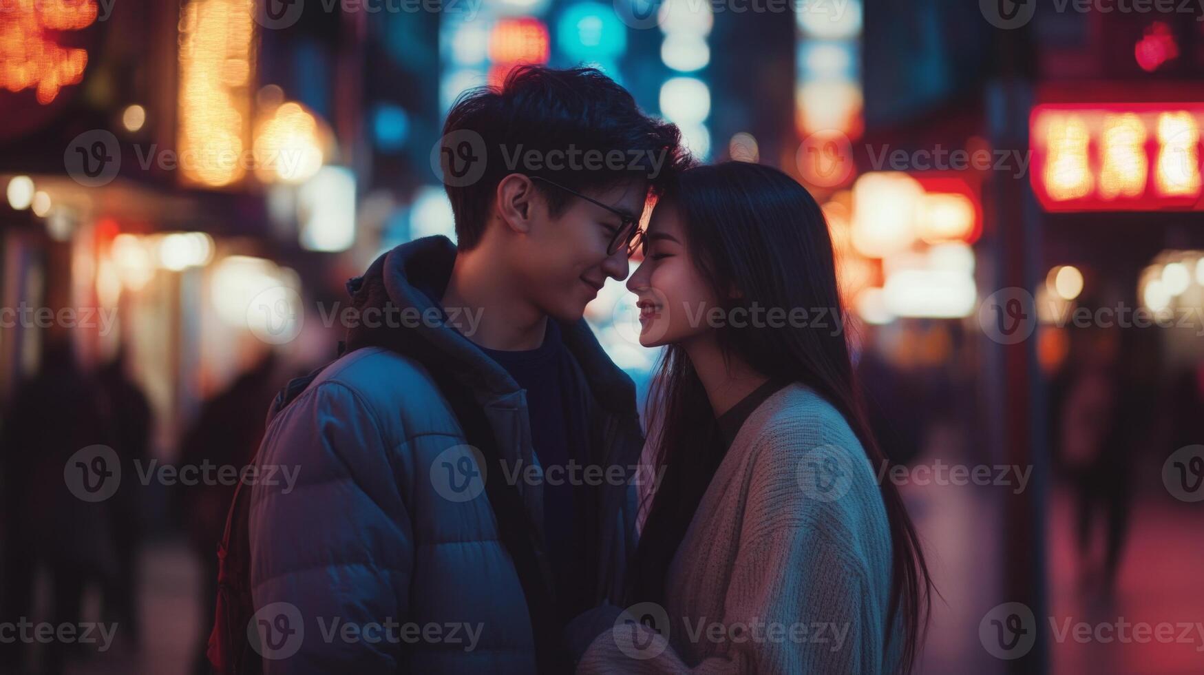A young man and woman are standing close together in a city street at night, facing each other and smiling. The man is wearing a puffy jacket and glasses, while the woman is wearing a tan sweater photo