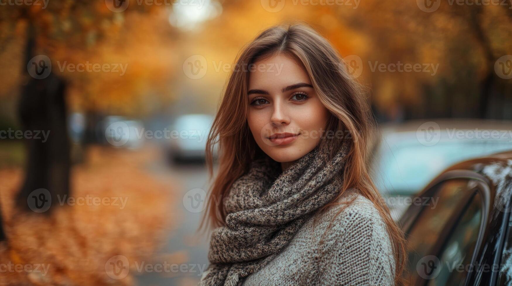 On a crisp autumn day, a young woman stands by a parked car, smiling softly. The street is lined with trees displaying vibrant fall foliage, creating a warm and inviting atmosphere. photo