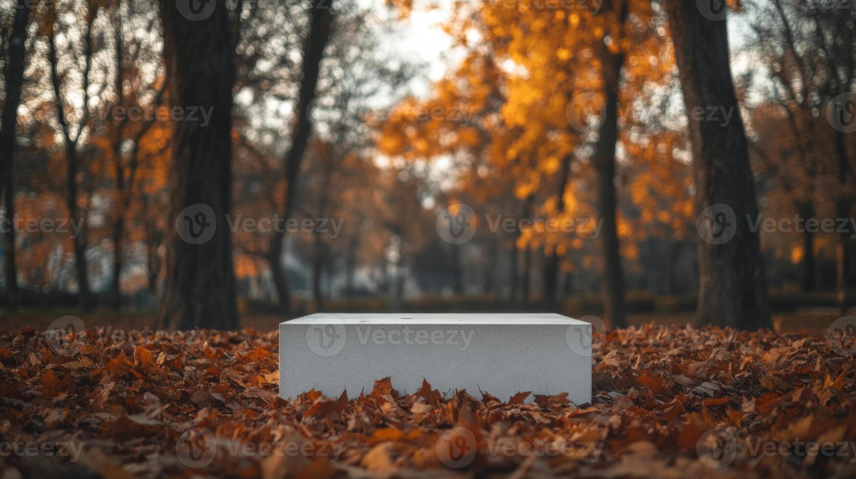 A white, rectangular platform sits on a forest floor covered in brown and orange leaves. Tall trees are blurred in the background. photo
