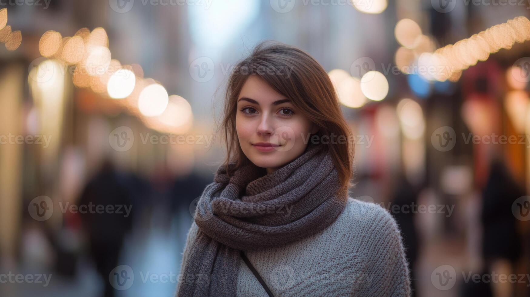 A young woman stands in a charming street adorned with lights, wearing a warm scarf and a cozy sweater. The atmosphere is vibrant with people passing by as evening sets in. photo
