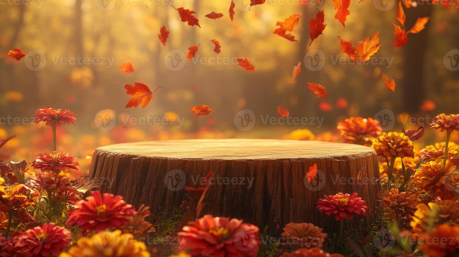 A tree stump sits in the middle of a field of colorful flowers with falling leaves. photo