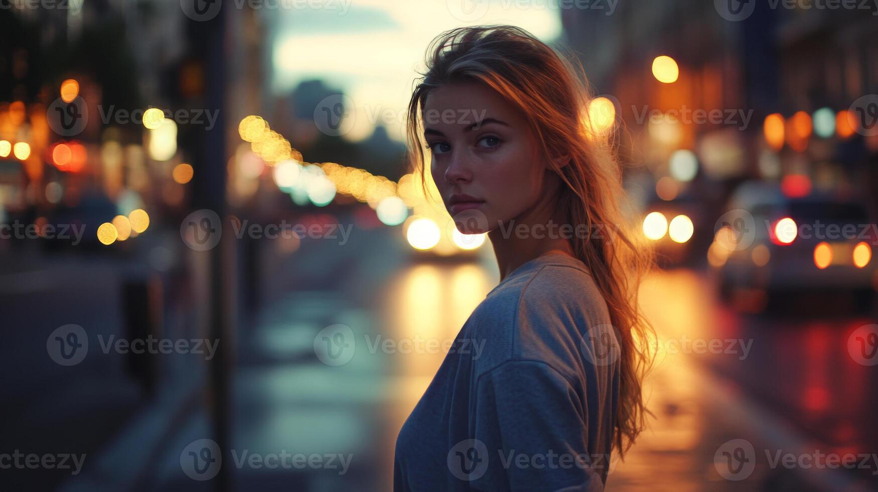A young woman stands confidently on a busy city street at twilight. The warm glow from surrounding lights creates a dramatic atmosphere, while traffic passes by in the background. photo