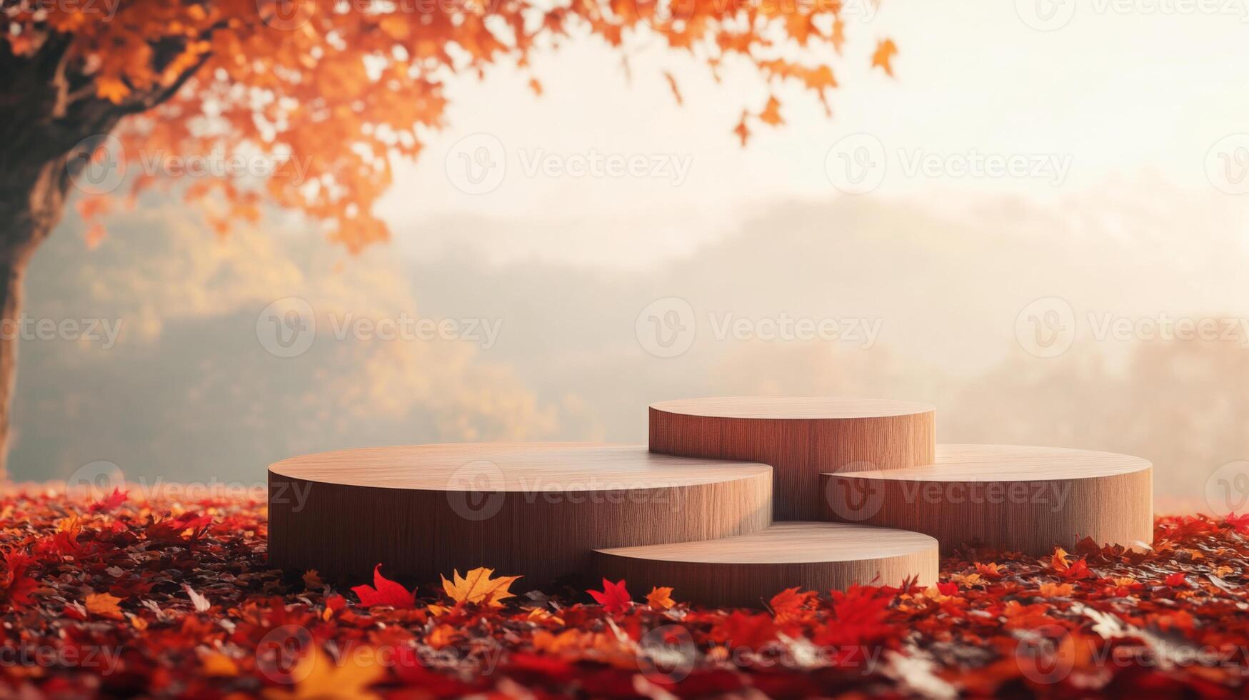 A close-up image of three wooden platforms, positioned in a staggered formation. The platforms are resting on a bed of red autumn leaves, which are scattered around the base of a tree trunk photo