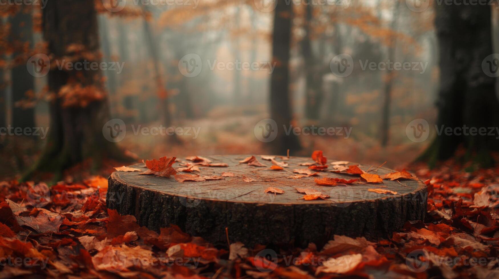 A thick wooden stump sits at the center of a tranquil forest, covered with vibrant autumn leaves. The surrounding trees fade into a soft mist, creating a peaceful atmosphere in the cool fall air. photo