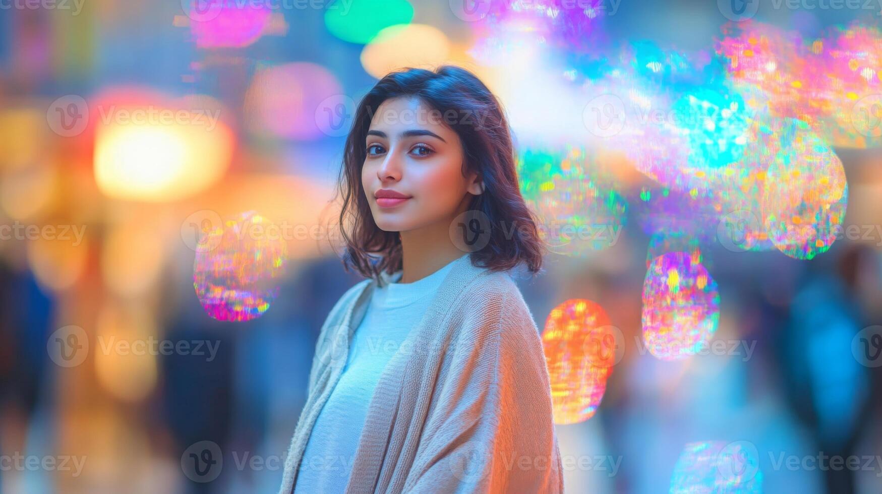 A young woman poses calmly in a bustling urban environment at night, surrounded by dazzling, colorful lights photo