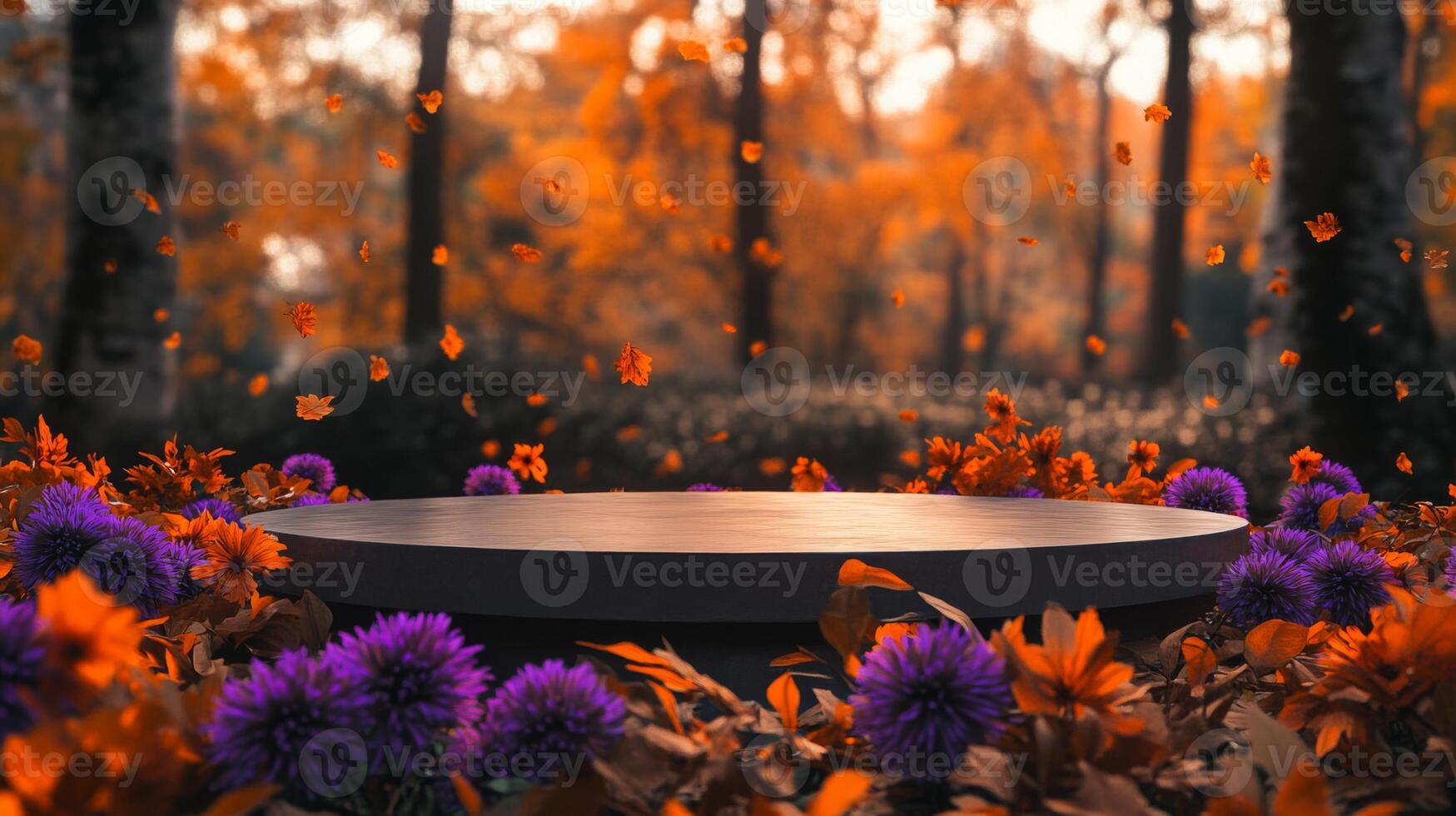 The image features a circular wooden platform positioned in the center of a field. The platform is surrounded by a variety of flowers, including purple and orange blooms photo