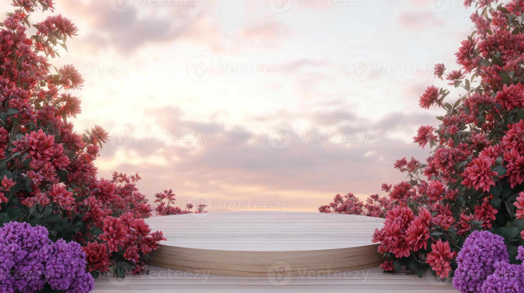 A beautiful wooden platform is framed by blooming flowers in shades of pink and purple, set against a picturesque sunset sky. The peaceful atmosphere invites reflection and relaxation. photo
