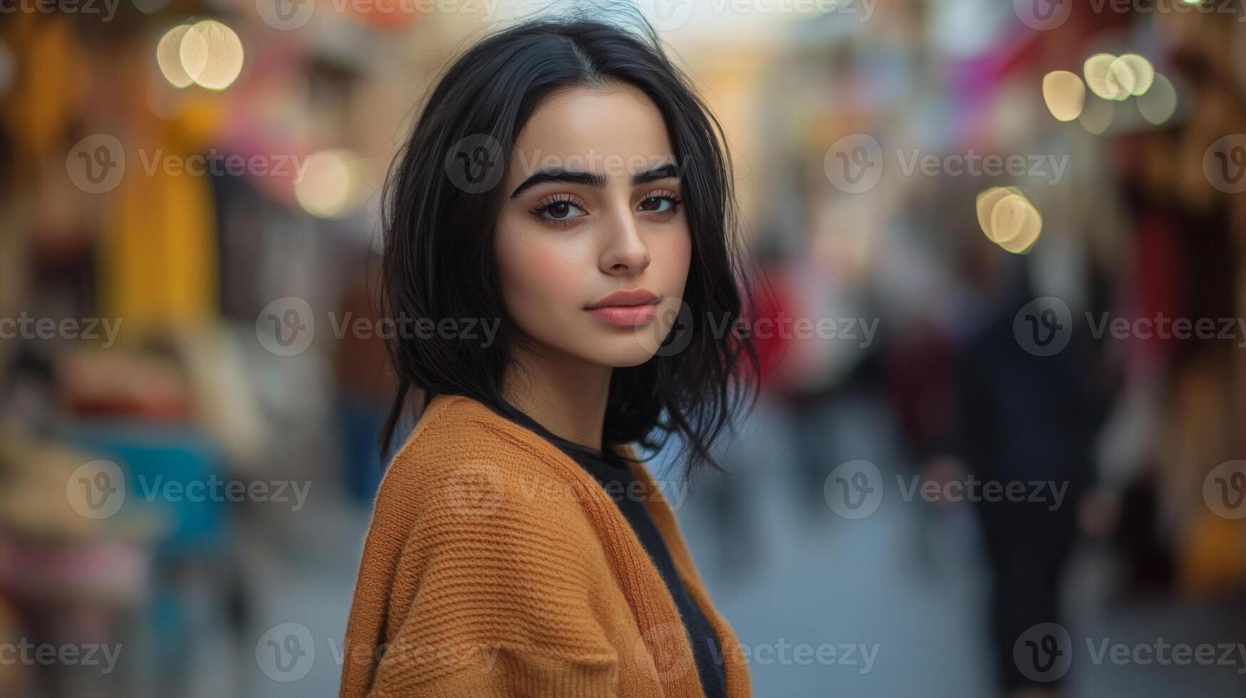 A young woman with long hair wearing a brown sweater gazes confidently at the camera in a bustling market. Colorful stalls and warm lights create a lively atmosphere as twilight approaches. photo