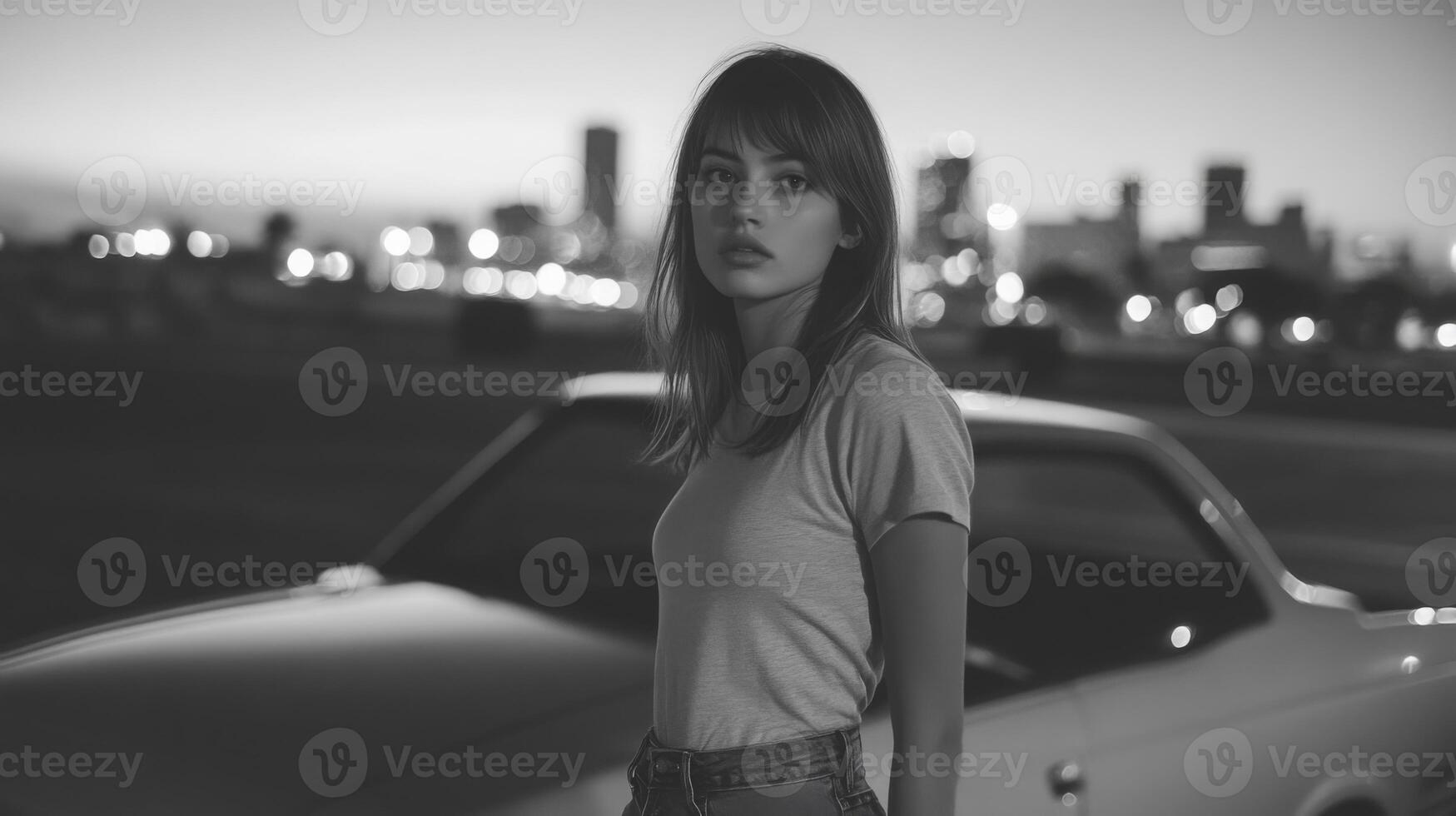 A young woman in a casual outfit stands beside a vintage car. The city skyline is visible, illuminated by evening lights, creating a serene yet vibrant atmosphere as twilight settles in. photo