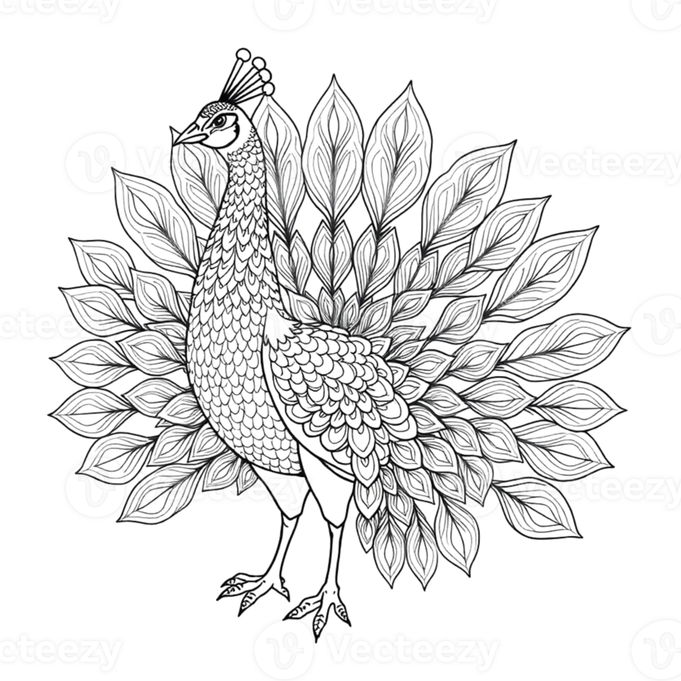 Coloring page of a peacock on an Isolated transparent background. png