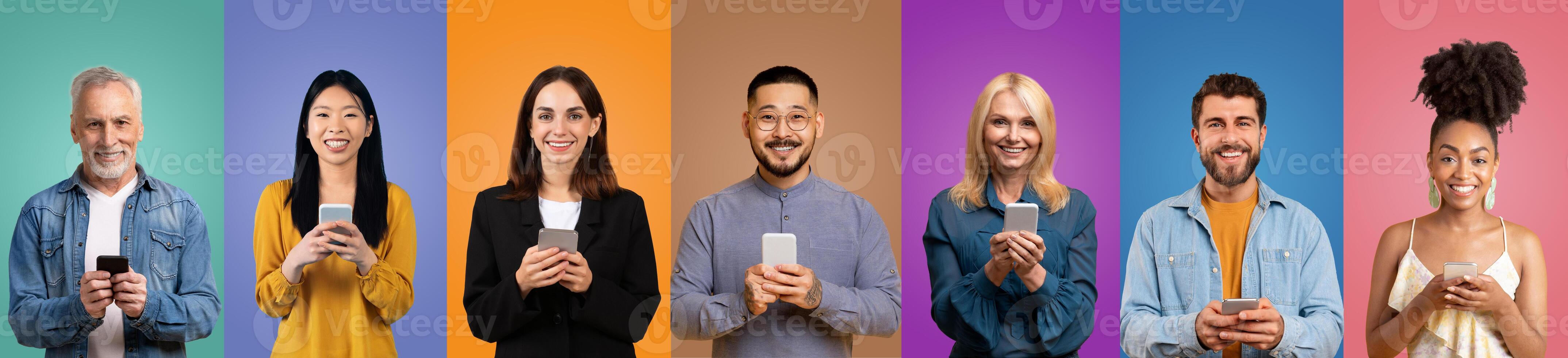 A diverse group of individuals smiles while using smartphones. Each person stands against a distinct colored background, showcasing unity and modern technology in a bright setting. photo