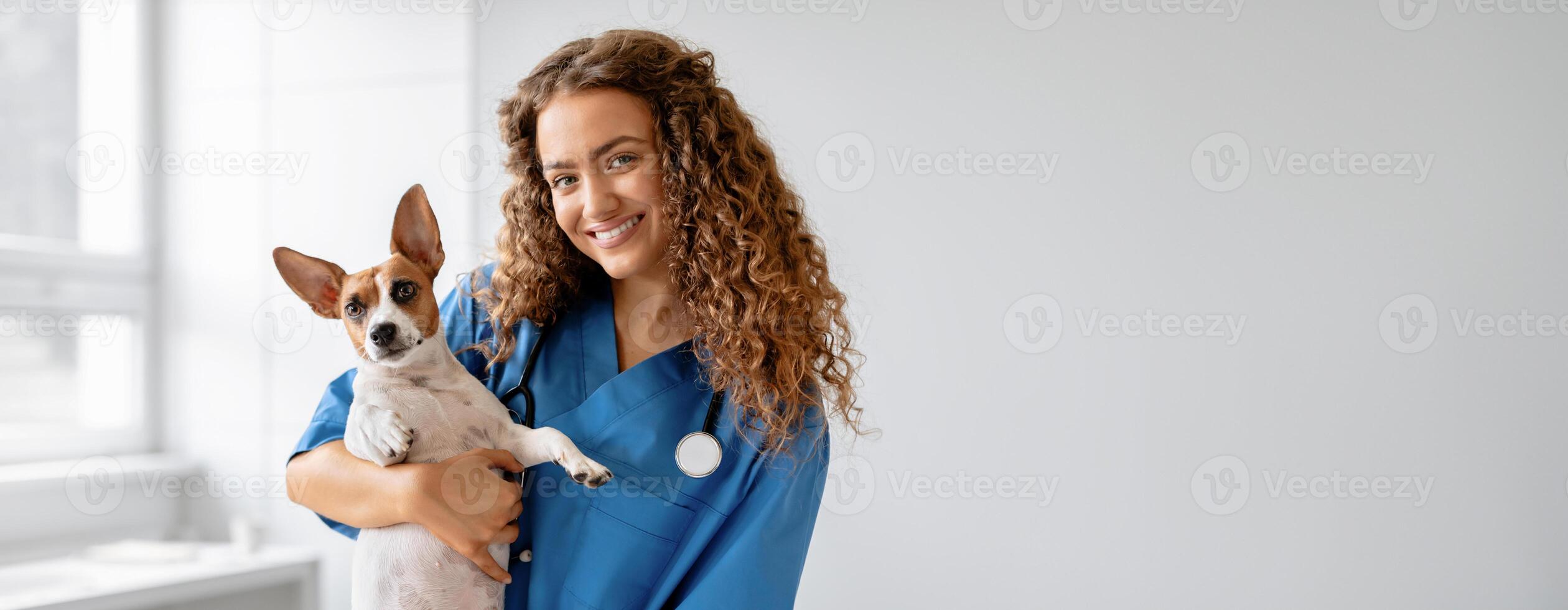 Confident woman veterinarian cradling calm Jack Russell Terrier, both looking at the camera, in bright veterinary clinic, representing trust and care in animal medicine photo