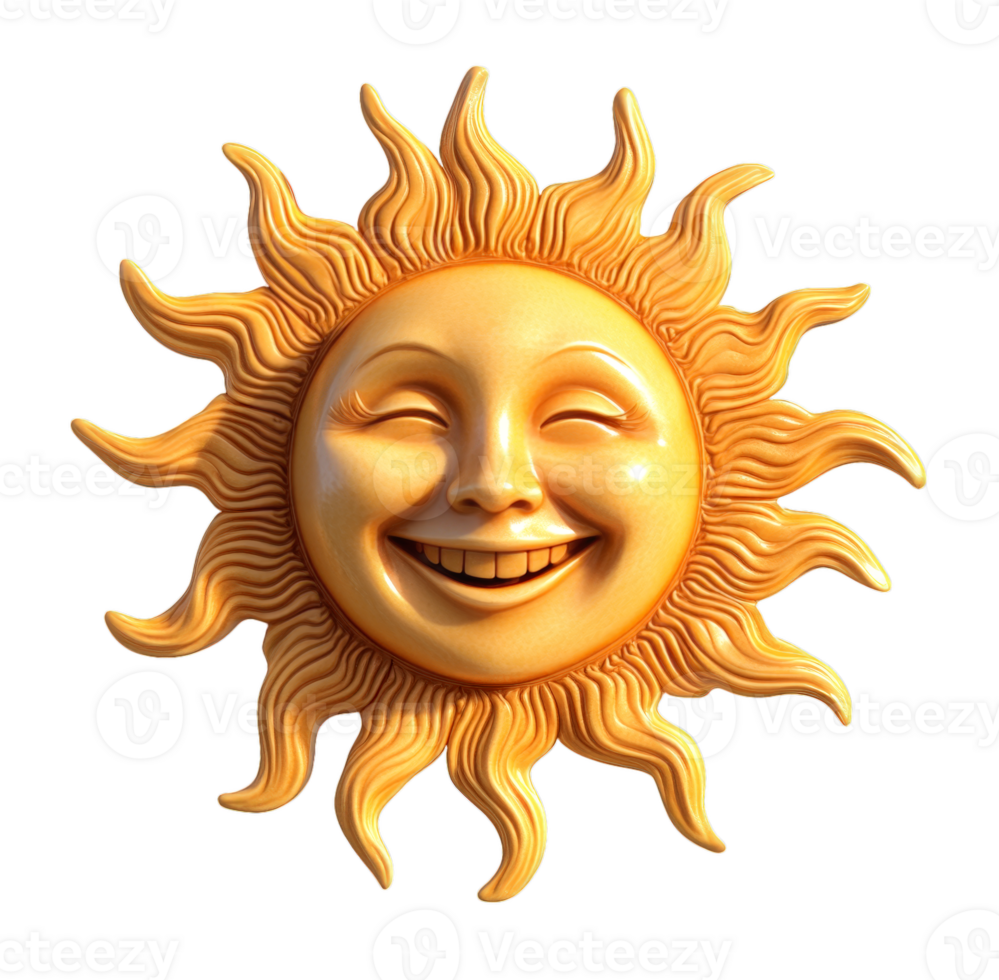 A smiling sun face with golden rays is depicted on a transparent background. png