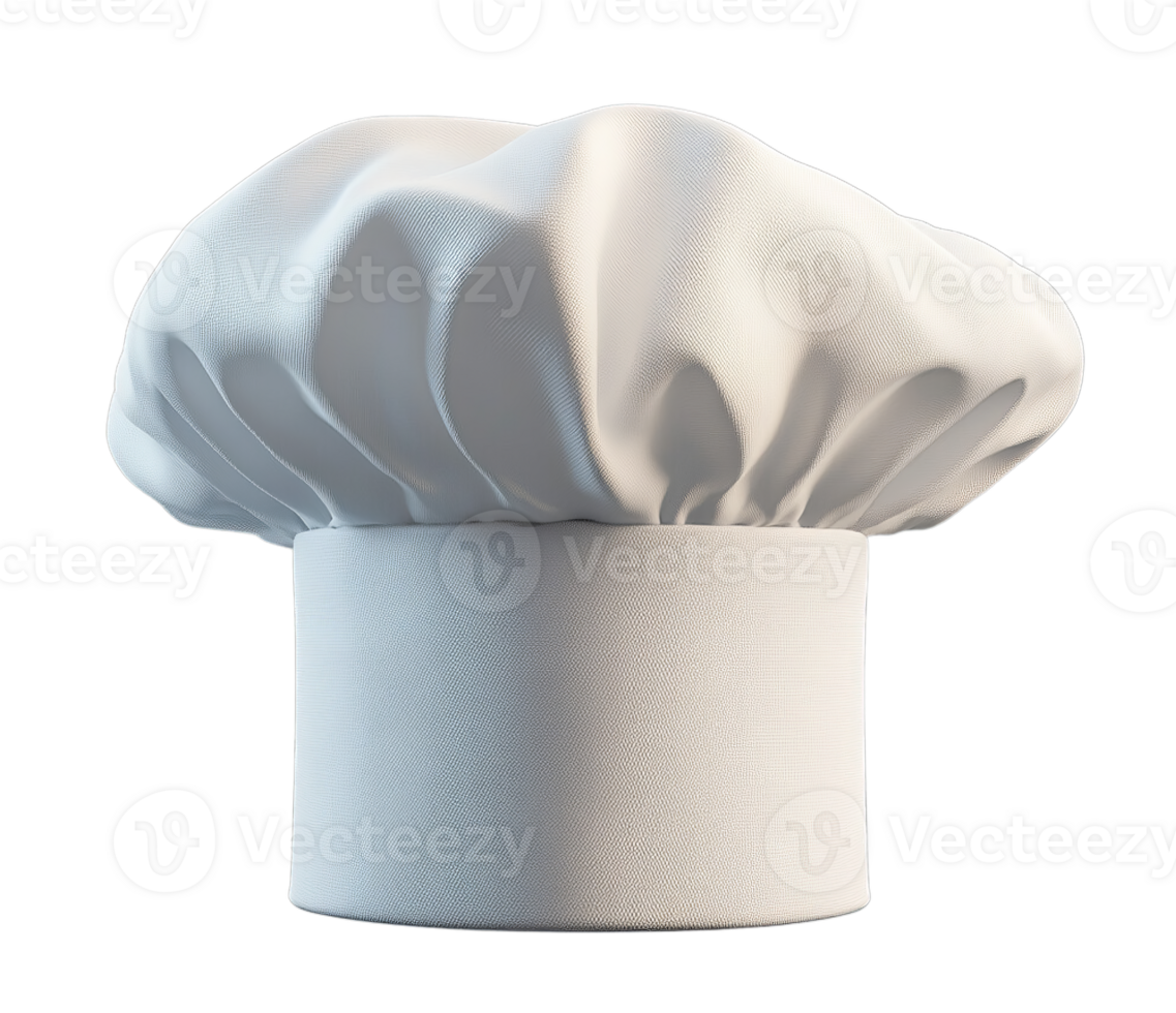 A classic white chef's hat, tall and pleated, is isolated on a transparent background. png