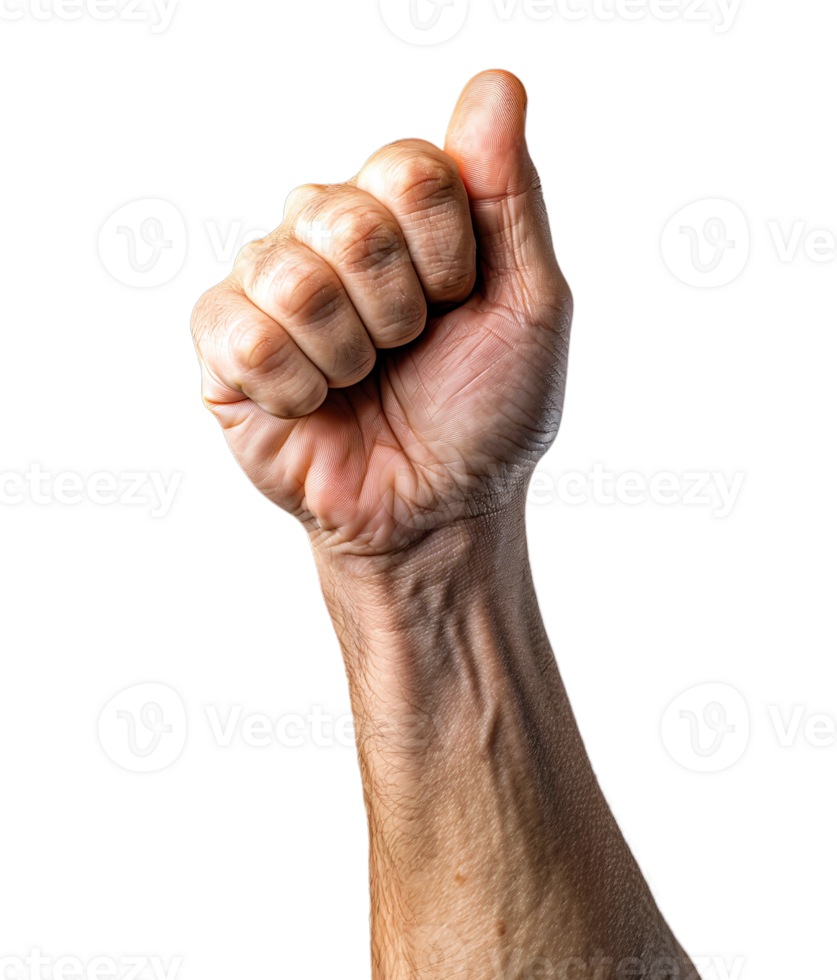 A clenched fist, isolated on a transparent background, symbolizes strength and determination. png