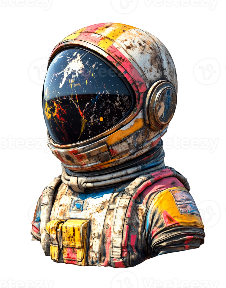 A 3D model of a graffiti astronaut, adorned with vibrant colors and intricate designs, is showcased on a transparent background. png