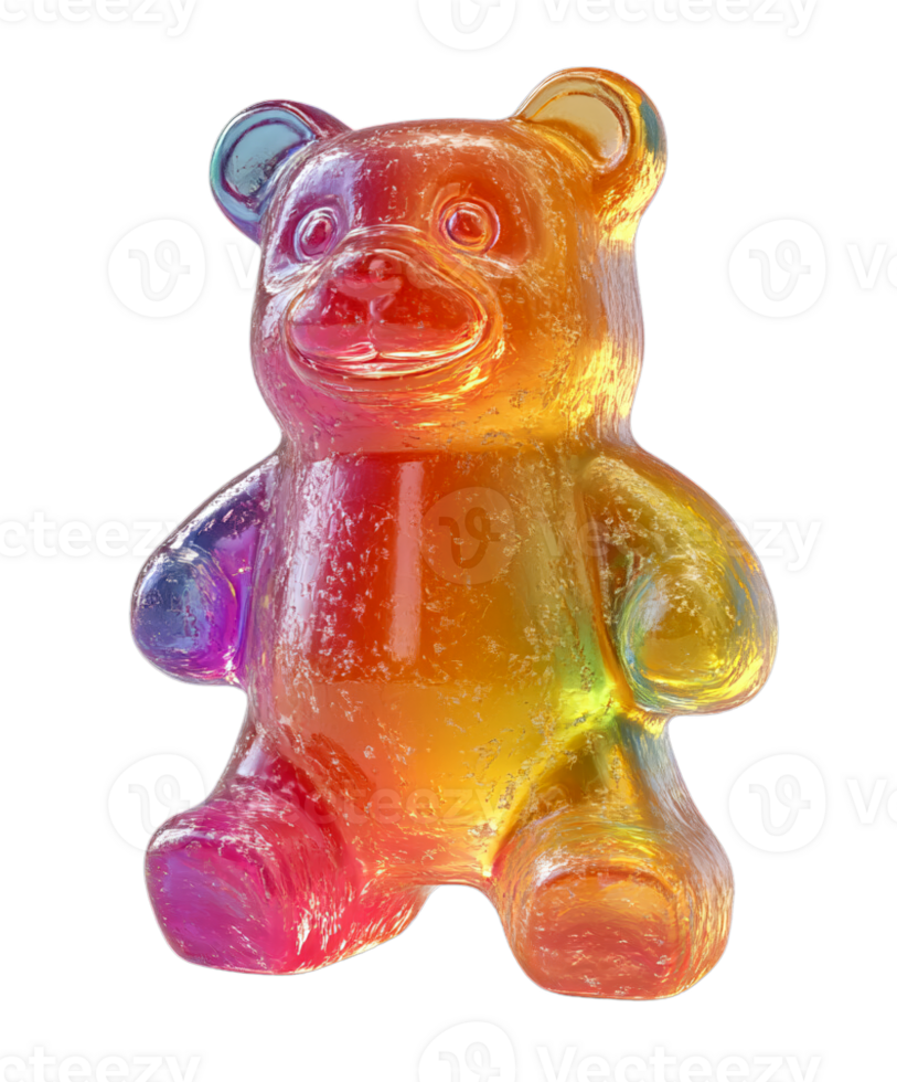 A colorful gummy bear, shimmering with iridescent hues, sits cheerfully, isolated on a transparent background. png