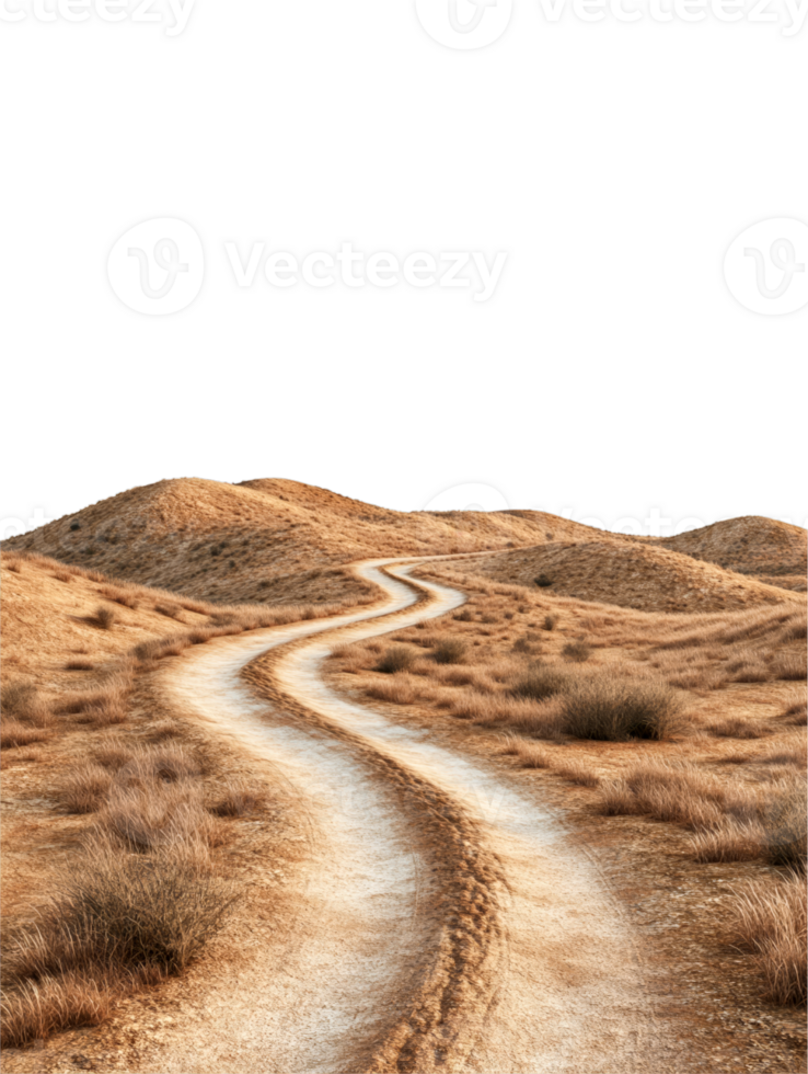 A winding dirt road, leading through a vast, grassy plain with rolling hills, stretches towards the horizon, isolated on a transparent background. png