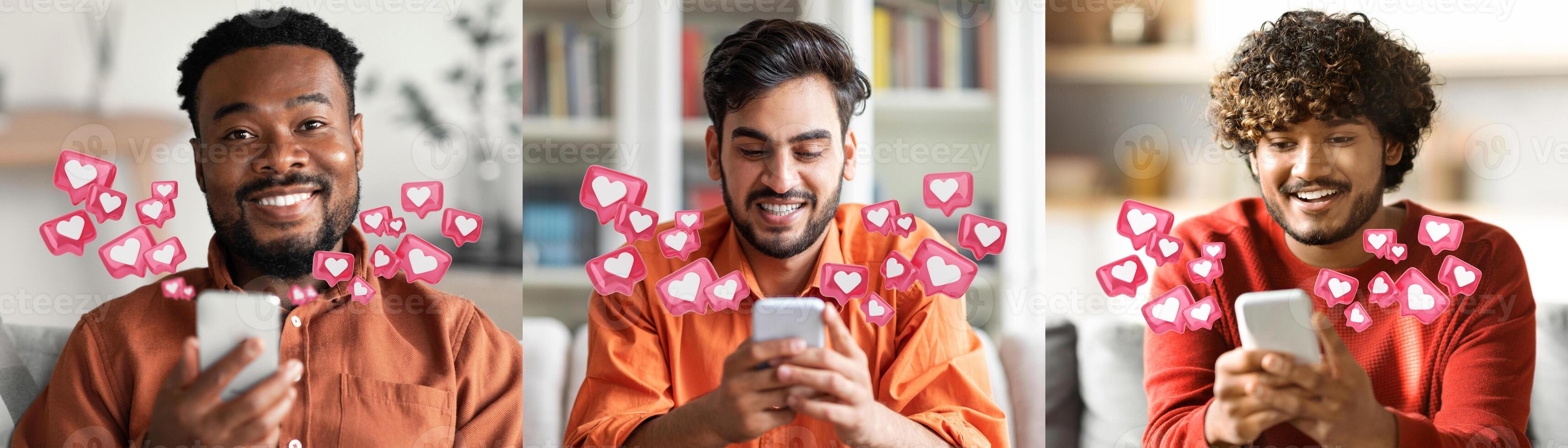Three diverse men are smiling as they use their phones. They are all receiving likes on their social media posts, represented by floating hearts around them. photo