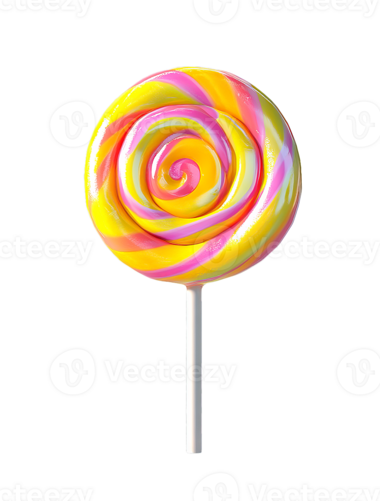 A colorful lollipop with a spiral pattern of yellow, pink, and white is displayed on a transparent background. png