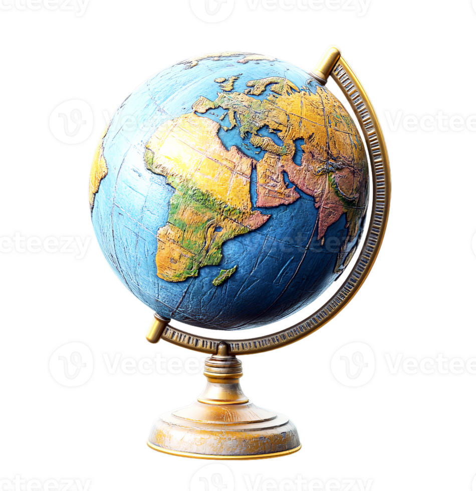 A vintage globe with a golden stand and detailed world map is showcased on a transparent background. png