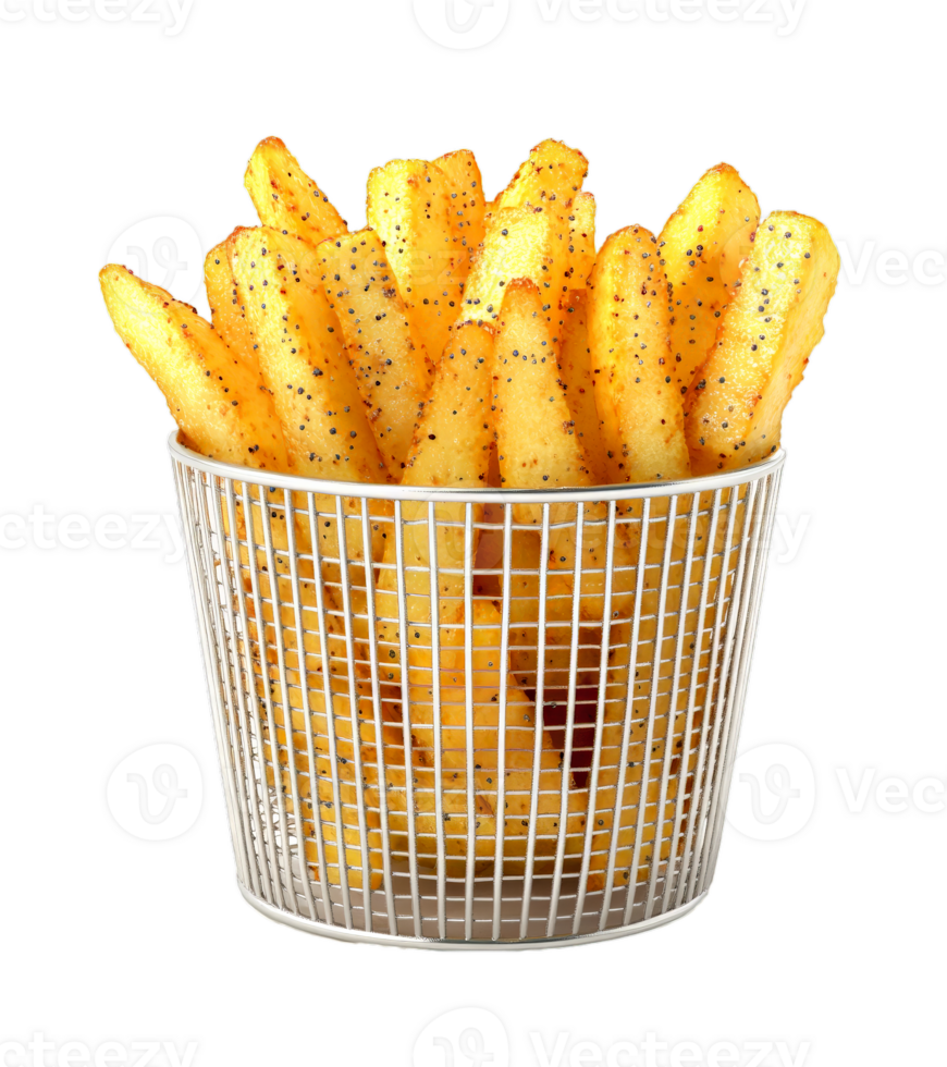 A metal basket filled with crispy French fries, sprinkled with black pepper, is showcased on a transparent background. png