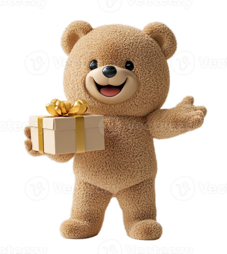 A cheerful teddy bear, holding a gift box tied with a golden ribbon, welcomes you with open arms. png