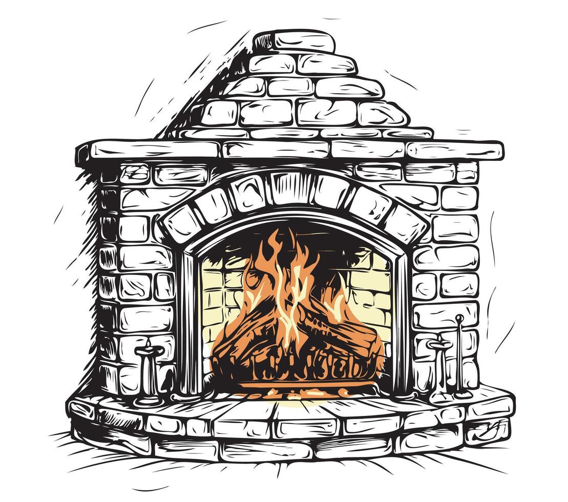 A drawing of a fireplace with a fire vector