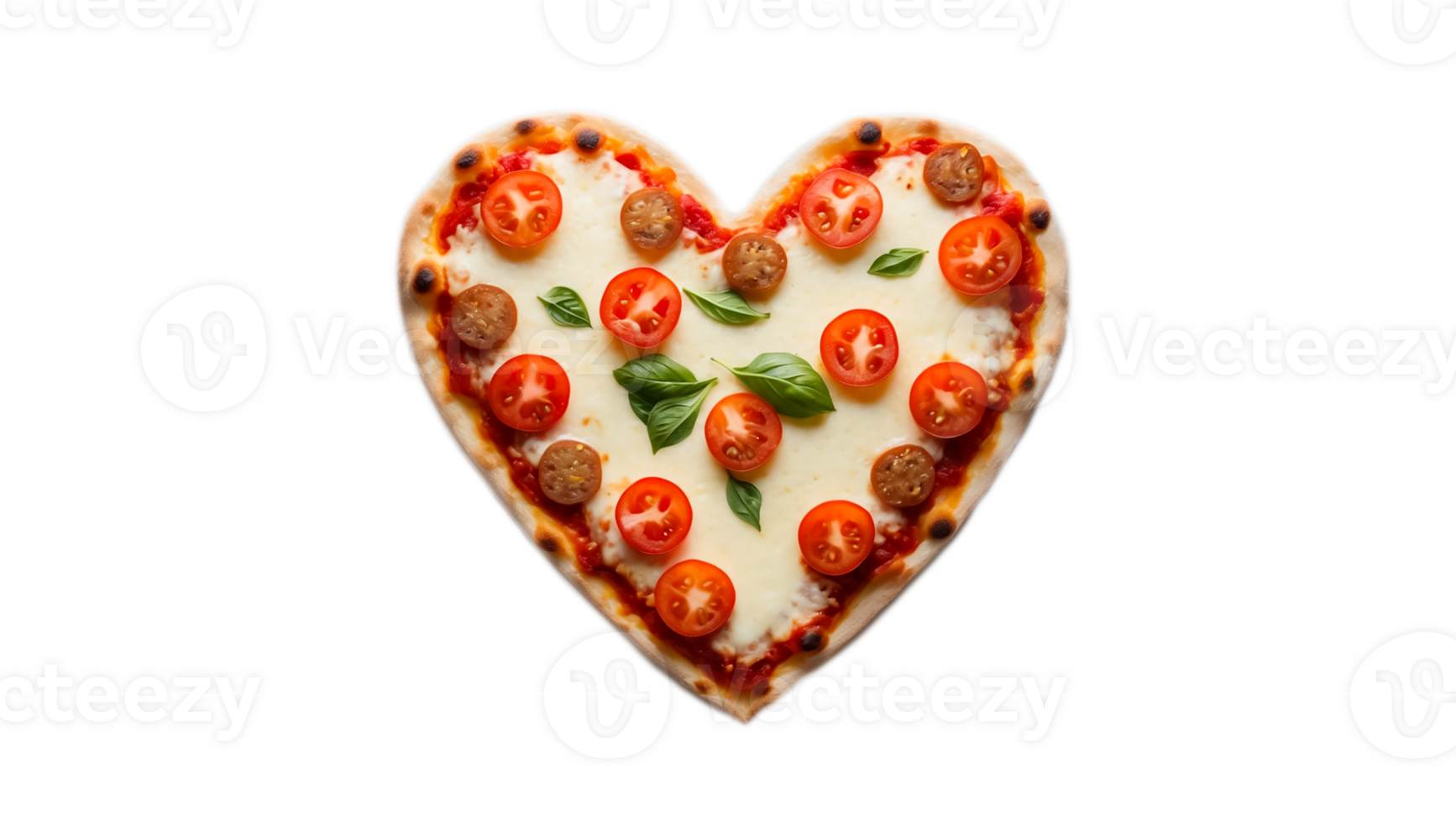 delicious appetizing pizza with sausage and tomatoes in the form of a heart isolated png