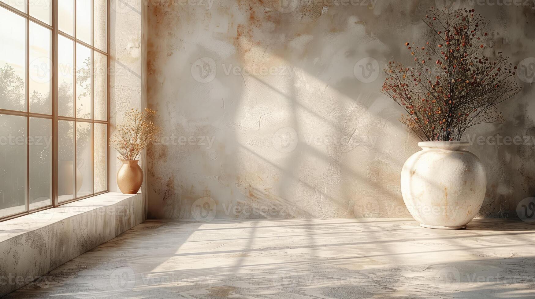 A simple, minimalist interior with soft, natural light streaming through a large window, casting shadows on the walls and floor. Two vases, one gold and one white, stand on a window ledge, adding a touch of elegance. photo