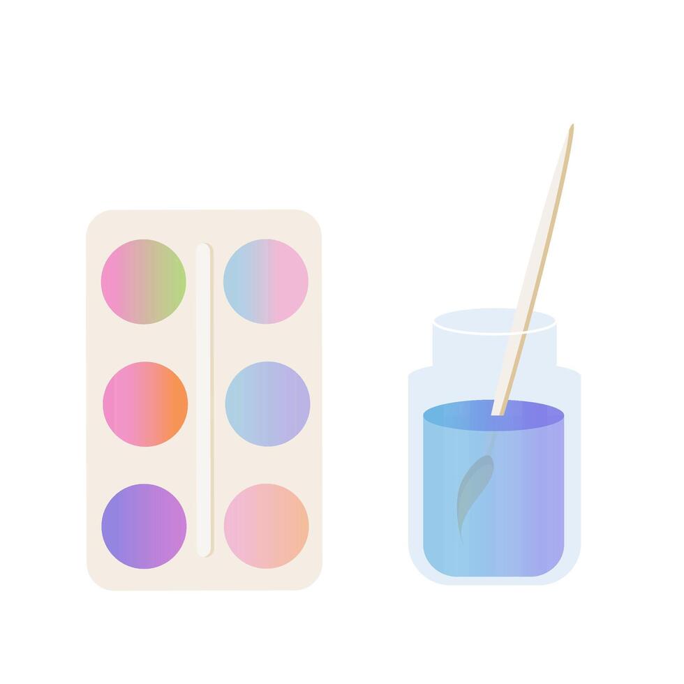 Watercolor paints colorful palette box with brush in a glass with water. School or art class supplies. Kids drawing tools. vector