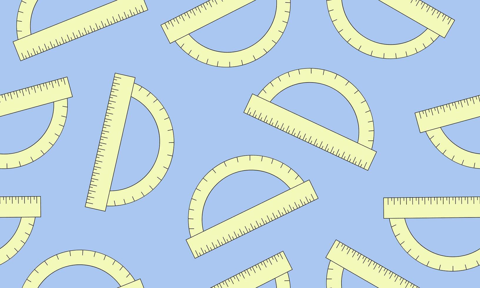 Seamless horizontal pattern. Yellow 180 degree protractor on blue background. School, work or office drawing device. vector